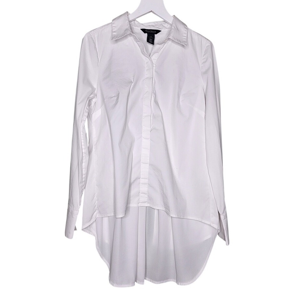 White House Black Market White High Low Button Up Blouse Work Tailored Classic 0